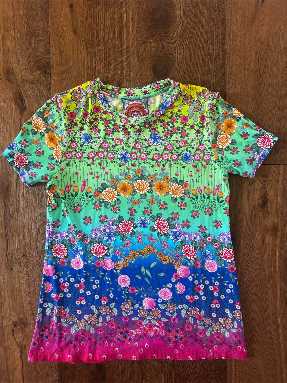 Johnny Was Floral Gradient T-Shirt Top in Pink, Blue & Green